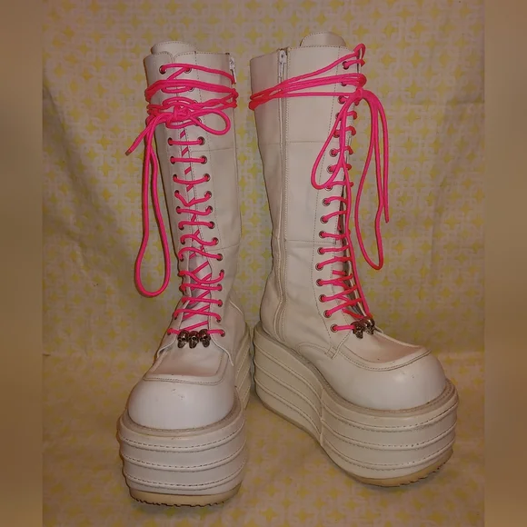 Demonia Shoes Rare Vintage White Lace Up Knee High Combat Platform Demonia Boots Shoes Poshmark